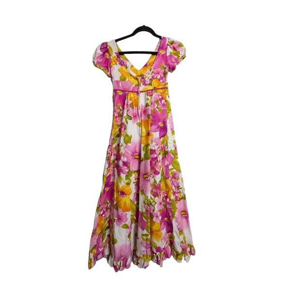Hawaiian Pink Floral V Neck Puff Sleeve Empire Waist Maxi Dress XS (see meas) - Picture 7 of 11